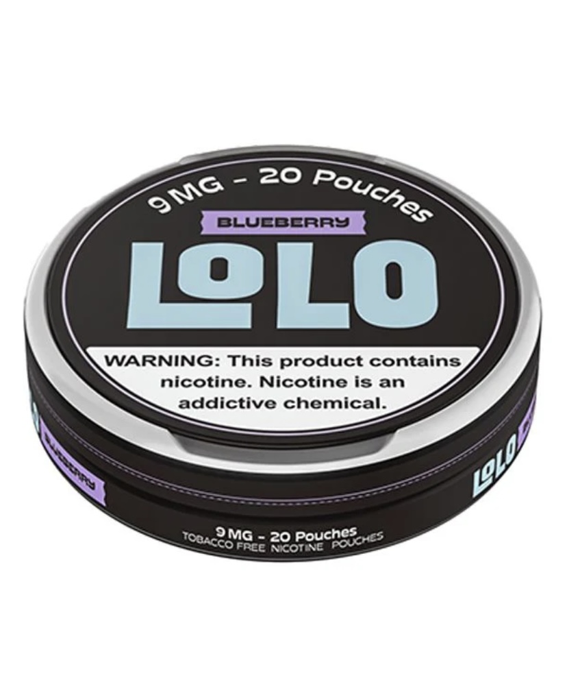 Tin of LOLO Blueberry nicotine pouches, 9 mg, 20 pouches; black can with blue LOLO logo and warning label.