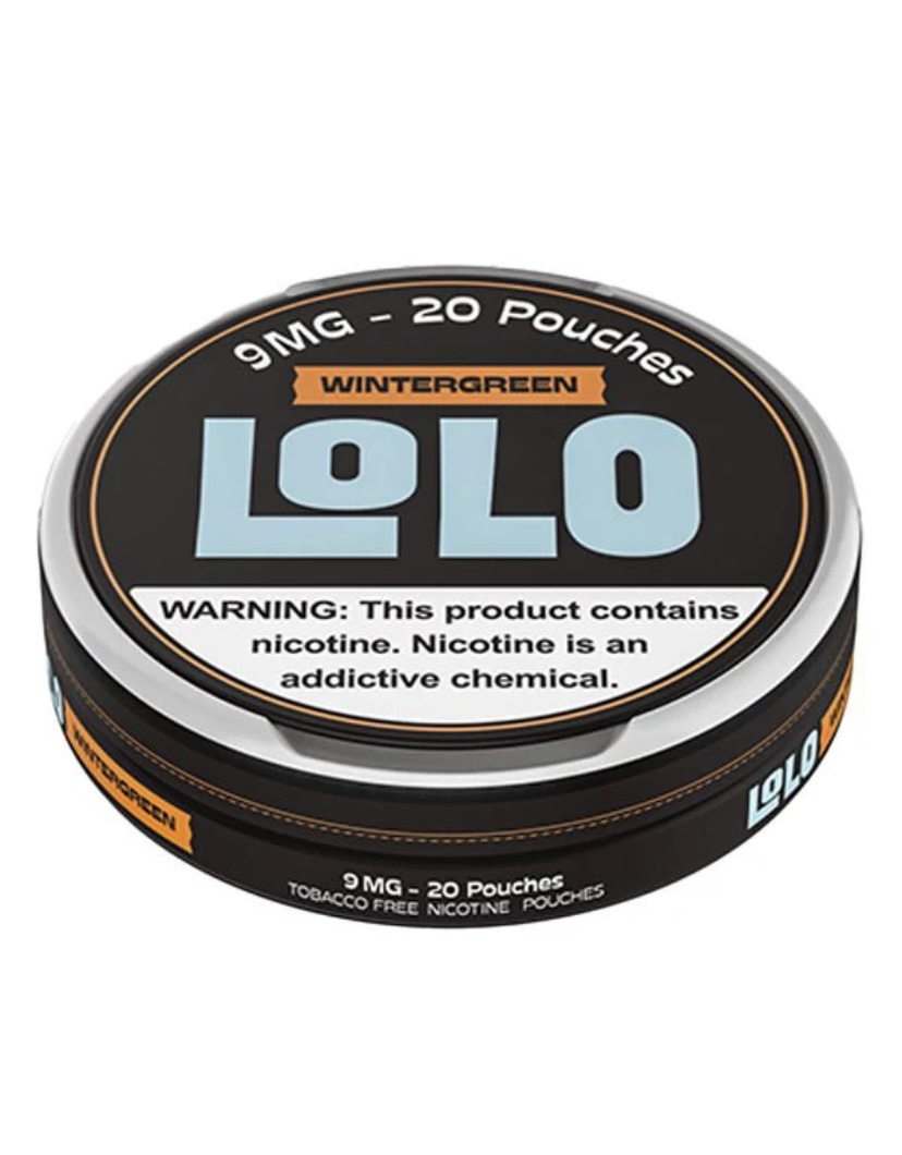 Round black tin of LOLO nicotine pouches in wintergreen flavor, 9 mg per pouch, with nicotine addiction warning label.
