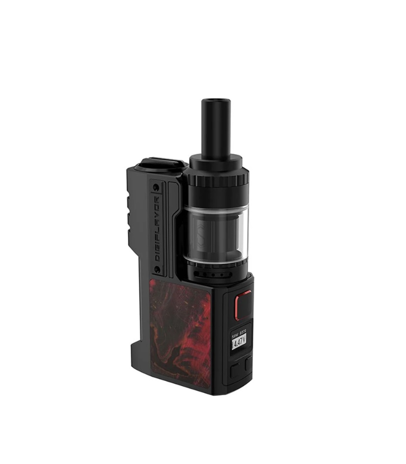 Black Vape Mod with a Tank Featuring a Red Marbled Panel and a Digital Display Device Stands Upright with a Mouthpiece on Top - Australia E-cigarette Store