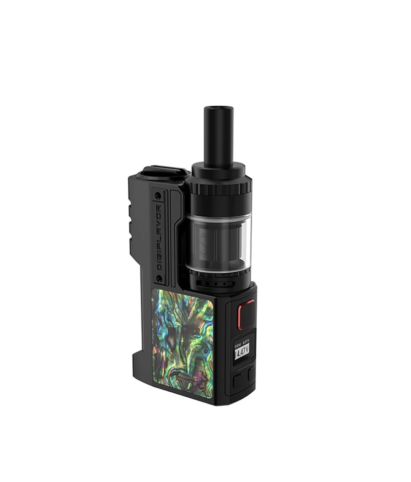 Black Vape Mod with Attached Tank and Iridescent Panel on the Side Compact and Handheld in Portrait Orientation - Australia E-cigarette Store