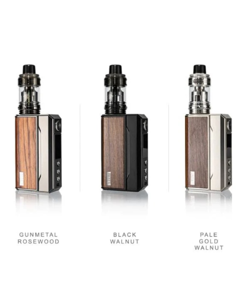 Three vape mod devices standing upright in wood panel finishes: Gunmetal Rosewood, Black Walnut, and Pale Gold Walnut.