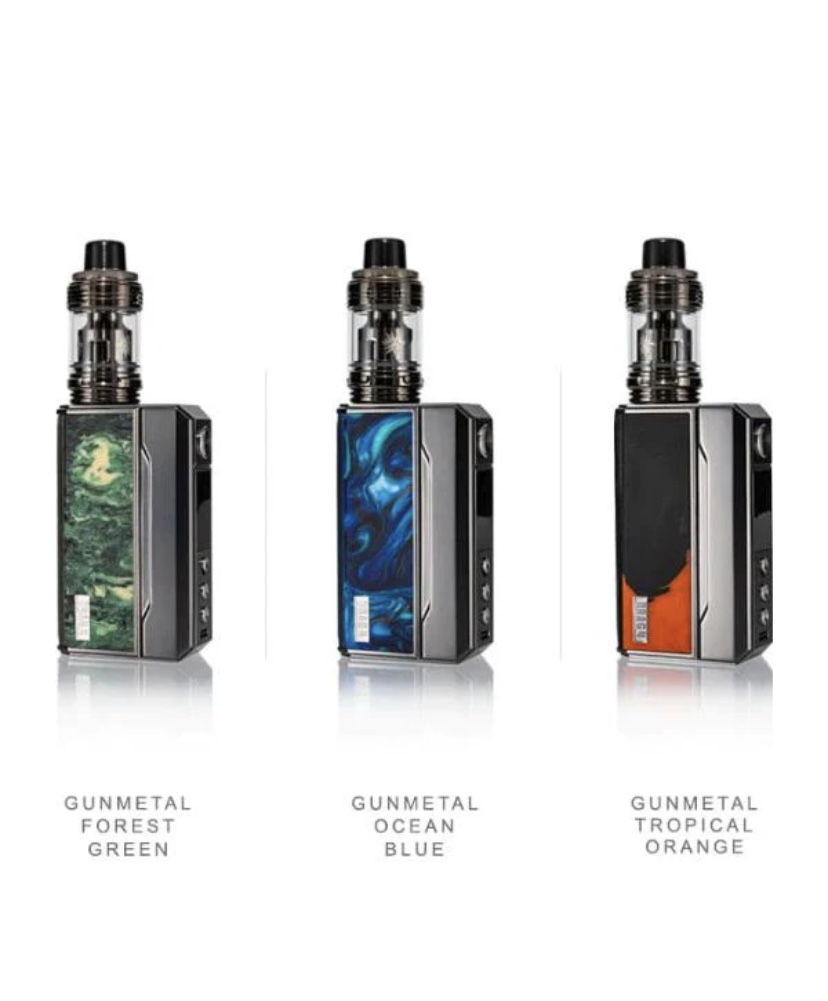 Three vape mods in gunmetal finish with resin panels: left—Forest Green, center—Ocean Blue, right—Tropical Orange.