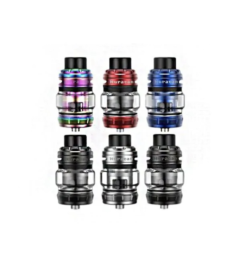 Six vape atomizers displayed in two rows of three in assorted colors (pink, red, blue, and black).