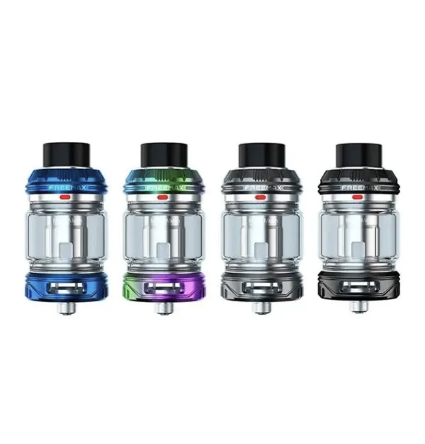 Four Vape Tanks in Blue Teal Silver and Black Lined Up Side by Side Showing Glass Chambers and Metal Bases - Australia E-cigarette Store