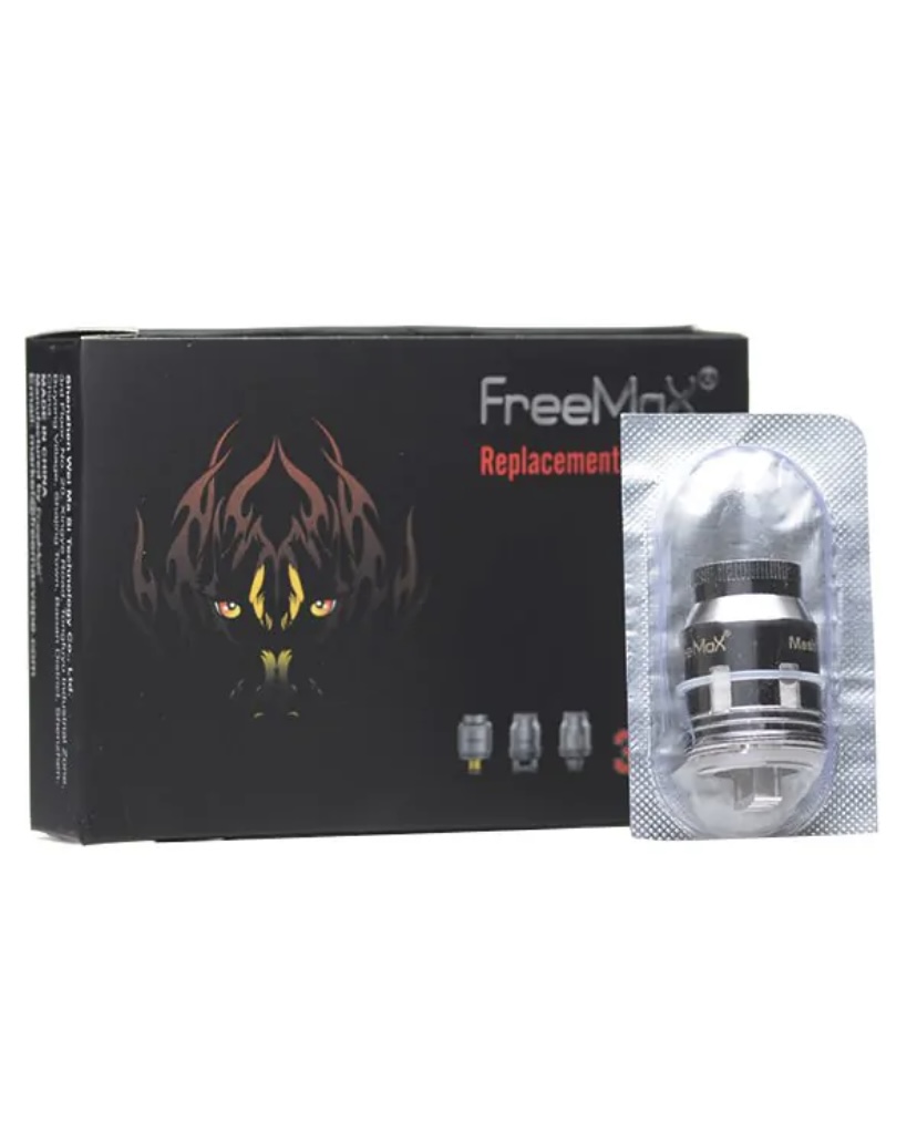 Box labeled FreeMax Replacement with a blister-pack vape coil beside it, for replacement coils in vaping devices