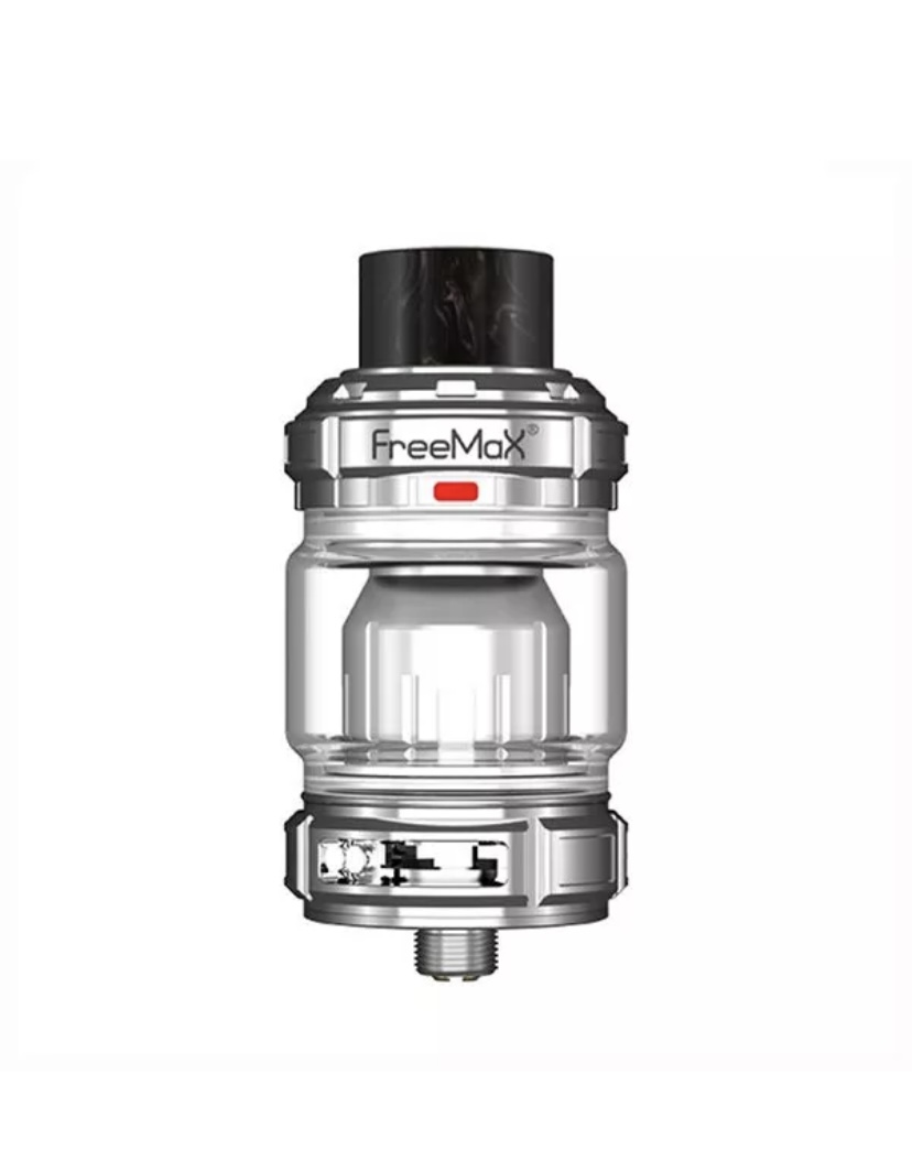 Freemax Vape Tank in Stainless Silver with Glass Chamber and Black Top Cap Vertical Orientation - Australia E-cigarette Store
