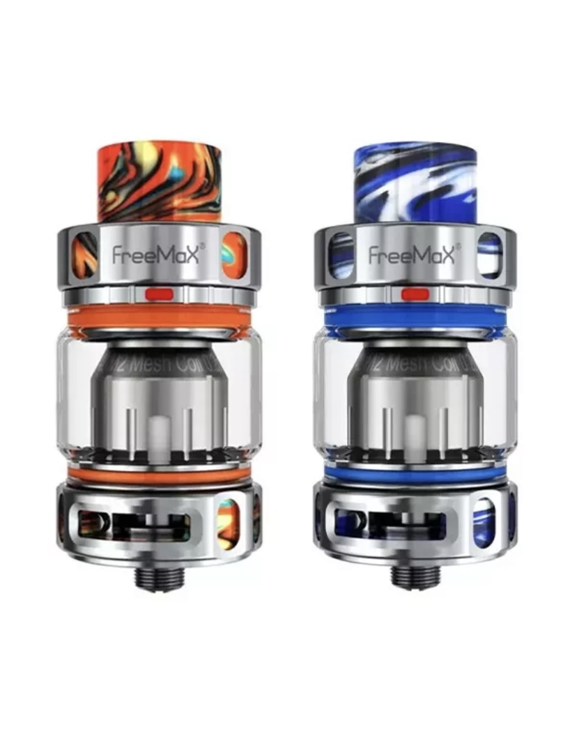 Two Freemax Vape Tanks Side by Side One Orange-accented and the Other Blue-accented Showing Glass Chambers and Metal Fittings - Australia E-cigarette Store