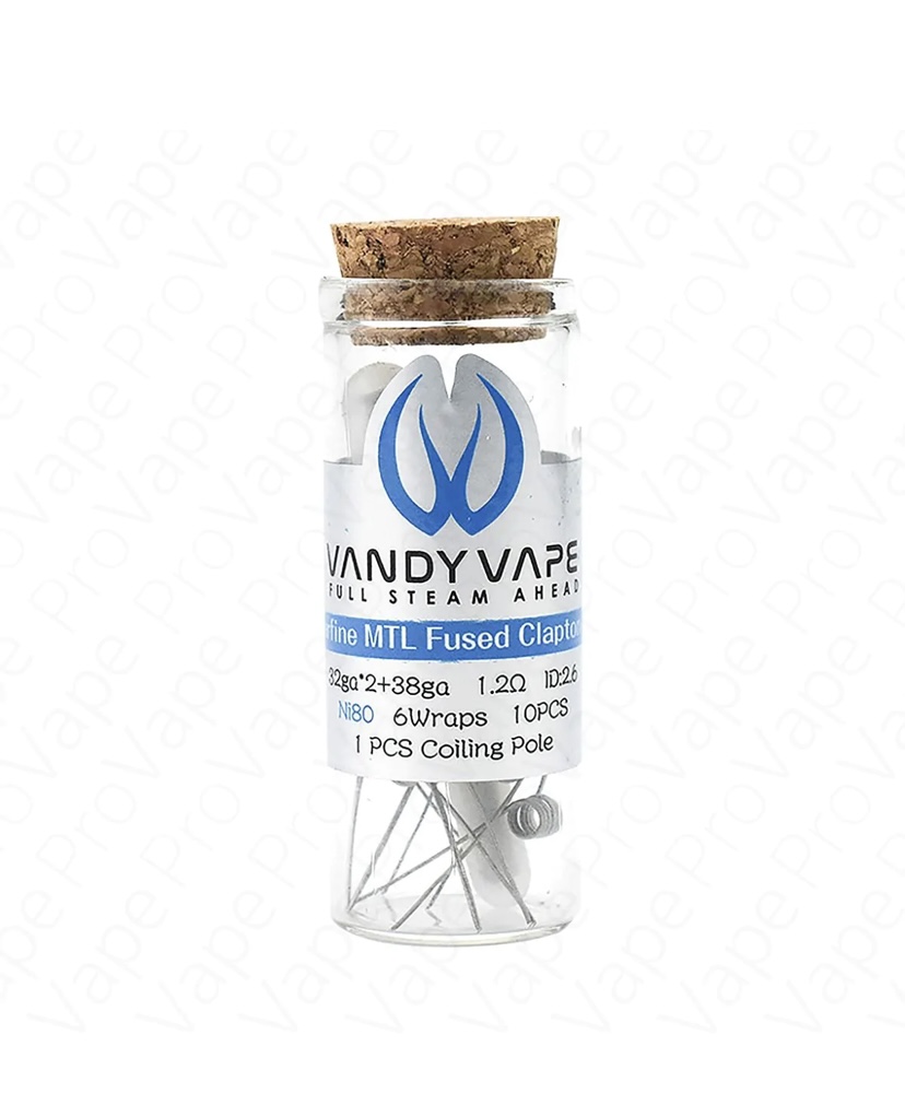 Small glass vial with a cork stopper containing vape coils, labeled VandyVape 'Full Steam Ahead' with 'MTL Fused Clapton' text on the label.