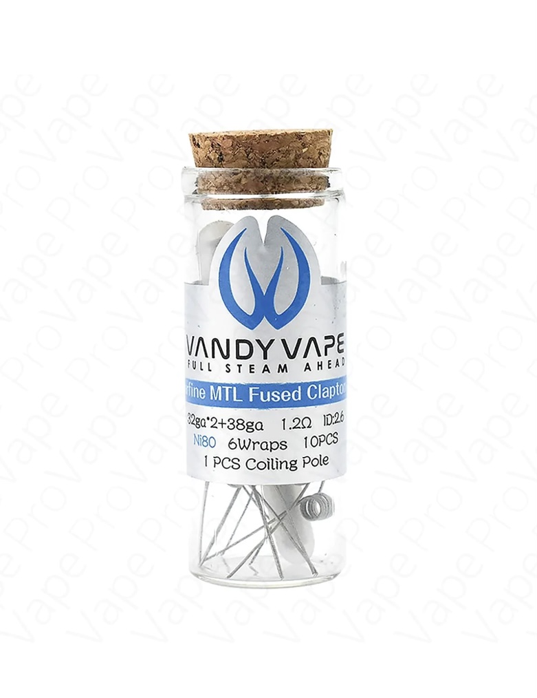 Glass glass-vial with cork stopper containing vape coil components; label shows Vandy Vape Full Steam Ahead and Refine MTL Fused Clapton