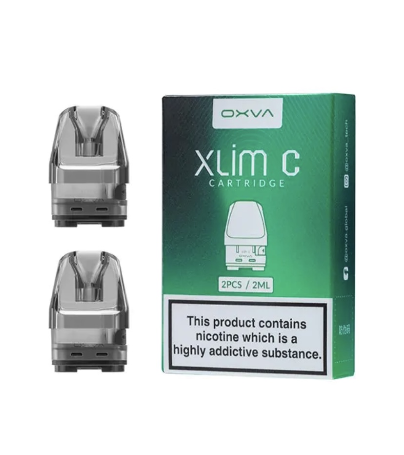 Oxva Xlim C Cartridge Box with Two Transparent Replacement Pods Beside It 2pcs2ml Noted on Box Nicotine Warning Visible - Australia E-cigarette Store