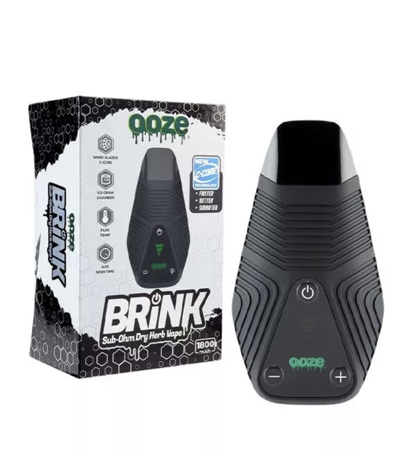 Brink Ooze Sub-ohm Dry Herb Vape Device Beside Its Hex-patterned Box Black Textured Body and Green Logo - Australia E-cigarette Store