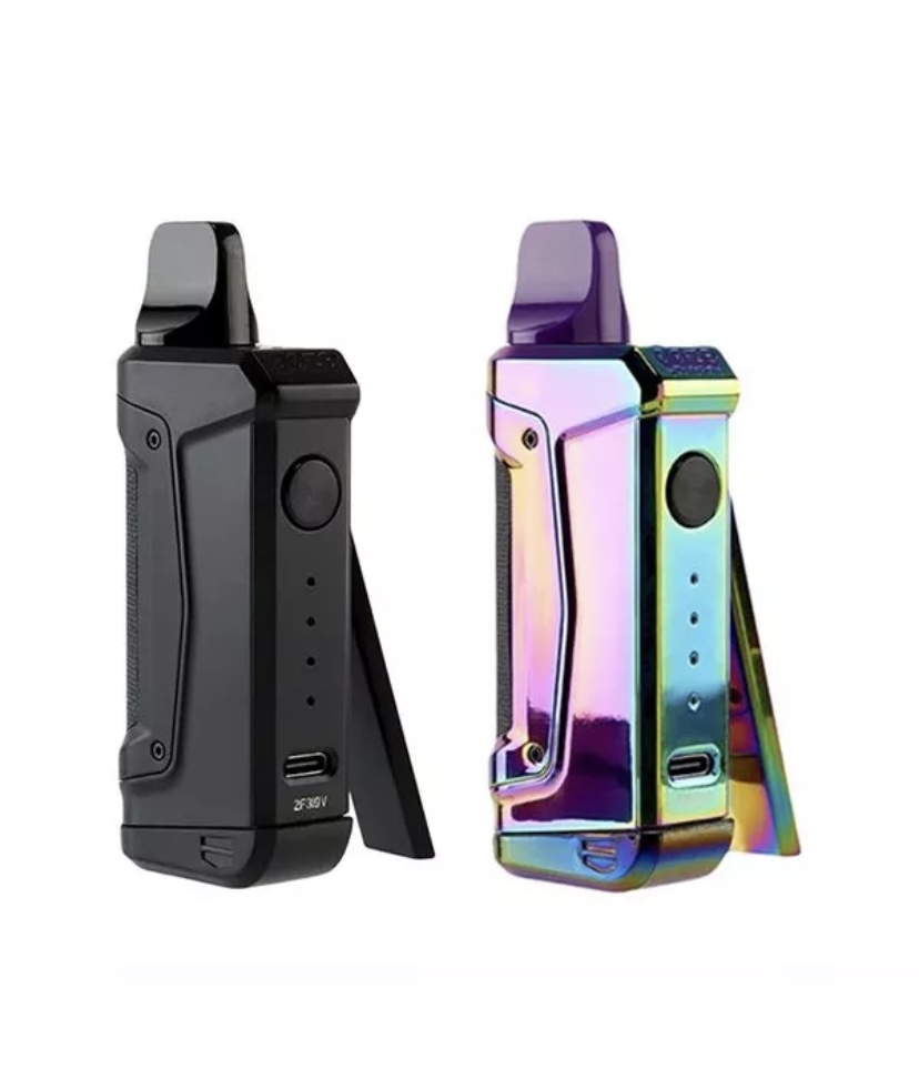 Two Handheld Vape Mods with Mouthpieces One Black and One Rainbow-metallic Finish Standing Upright Side by Side - Australia E-cigarette Store