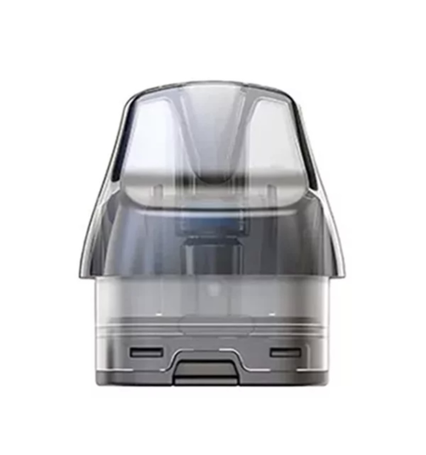 Disposable vape pod with a clear mouthpiece and gray base, shown from the front.
