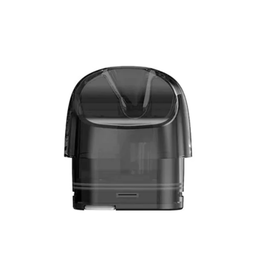Black disposable vape pod cartridge seen from the front, with a curved mouthpiece at the top and translucent body.