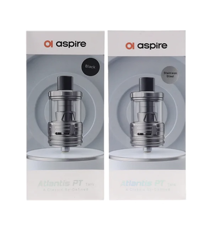 Pair of Aspire Atlantis PT Tank packaging boxes showing a clear vape tank with metal fittings; one box labeled Black, the other Stainless Steel by the brand Aspire.