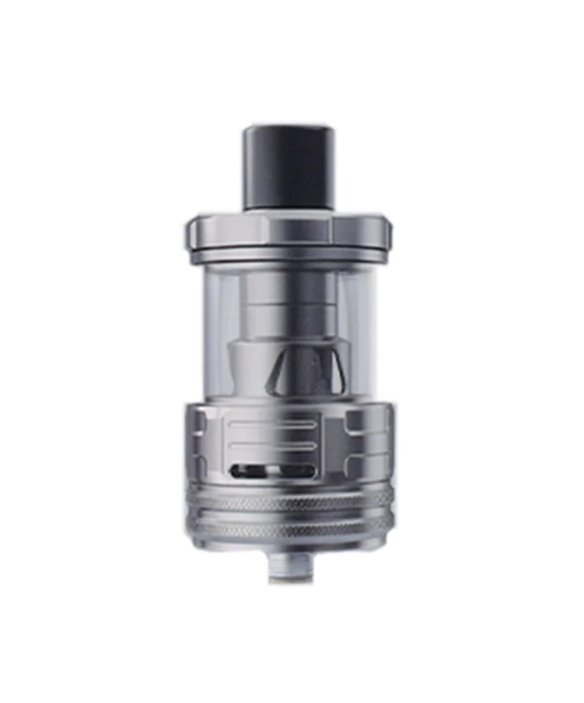 Silver vape tank with glass reservoir and black drip tip.