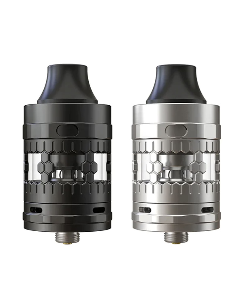 Two metal vape atomizers side by side, one black and one silver, featuring a honeycomb‑like exterior and dark, tapered mouthpieces and 510 bases below.