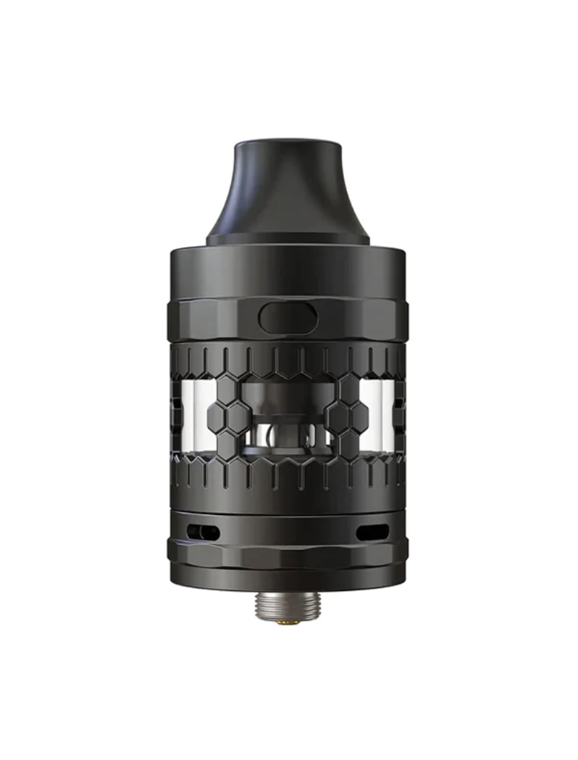 Black vape tank atomizer with a honeycomb pattern and wide mouthpiece.