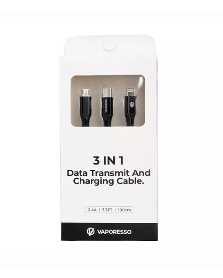 White Packaging for a 3-in-1 Data Transmit and Charging Cable by Vaporesso Showing Three Connectors Inside a Cutout Window - Australia E-cigarette Store
