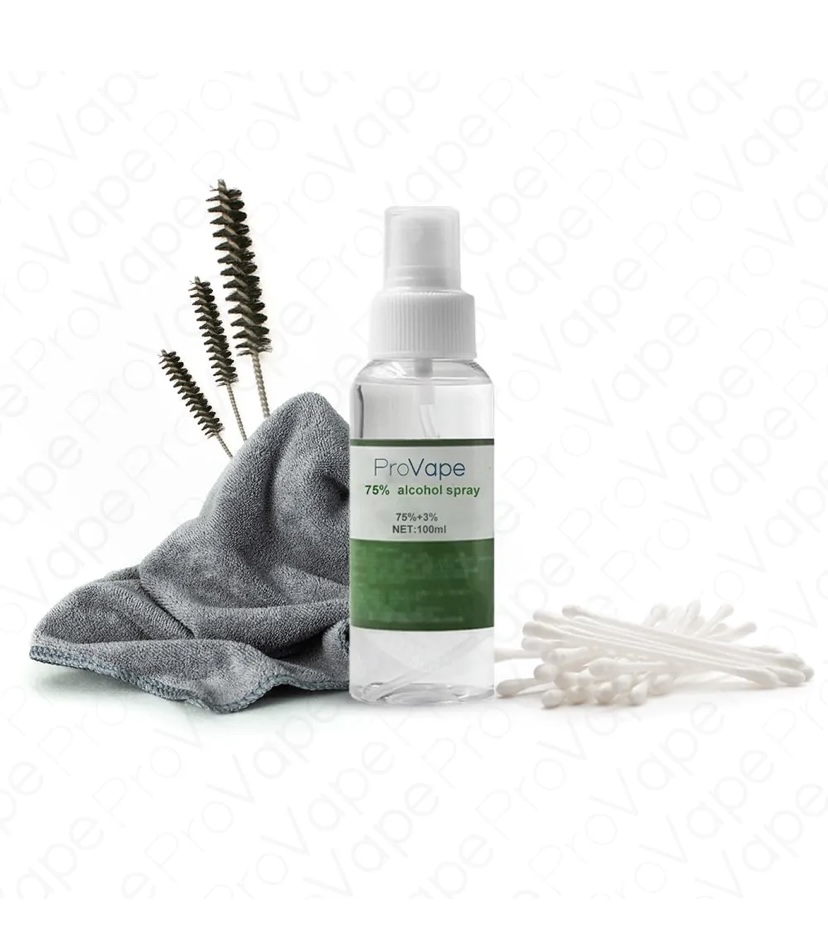 Bottle labeled ProVape 75% alcohol spray with a gray cleaning cloth and cotton swabs nearby.