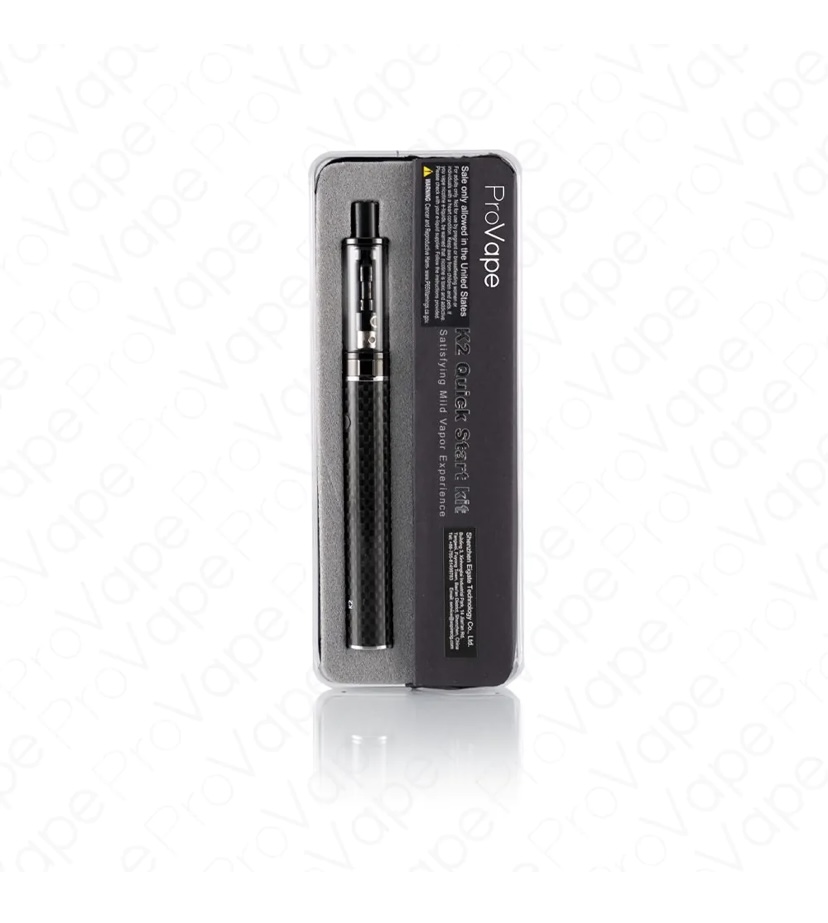 Black vape pen in clear plastic packaging with gray backing labeled ProVape (retail kit).