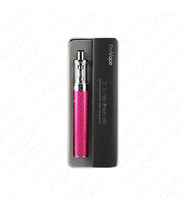 Pink pen-style vape starter kit with a silver tank in a black protective case.