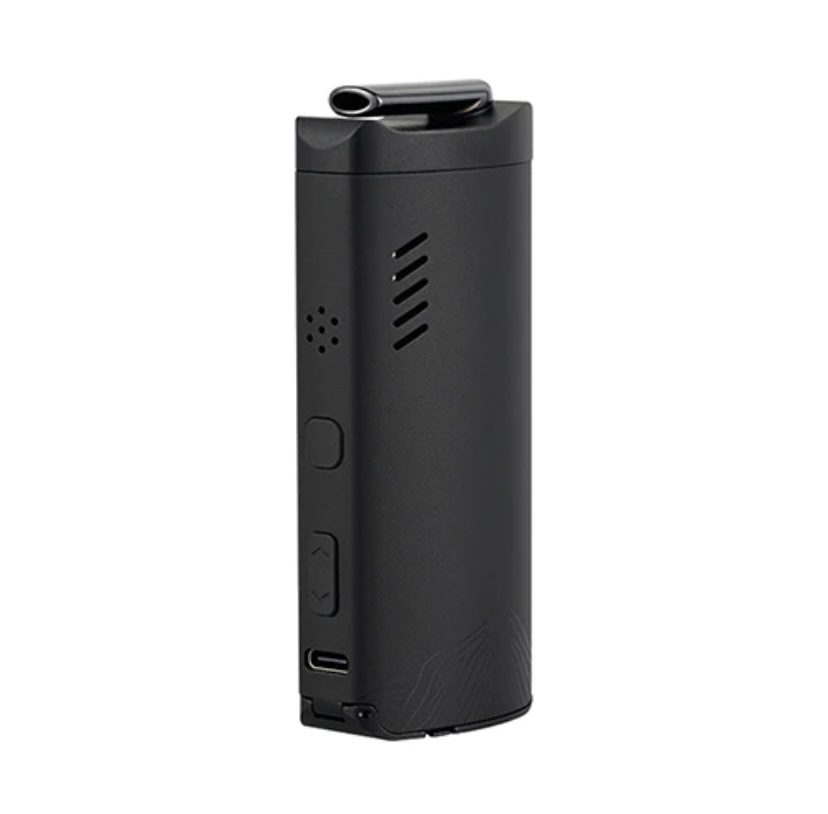 Black handheld vaping device with a removable mouthpiece on top, side buttons, USB-C port, and ventilation holes on the body.