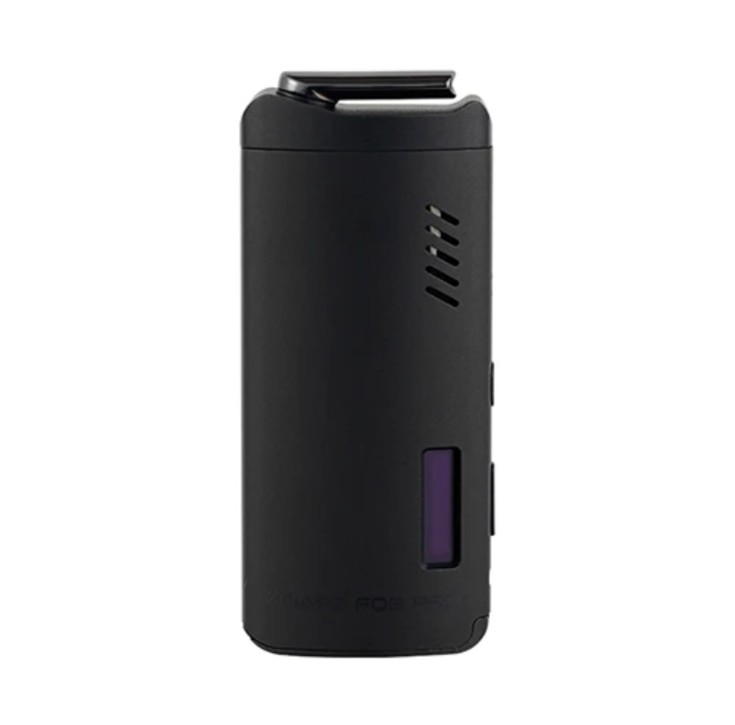 Black handheld vape mod with a purple liquid display window and side buttons