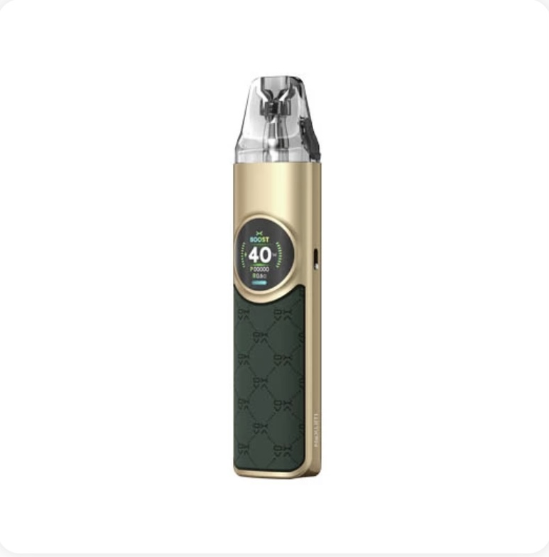 Gold and Dark-green Vape Mod Standing Upright with a Circular Display Showing boost 40 at the Top and a Clear Mouthpiece Cap Above - Australia E-cigarette Store