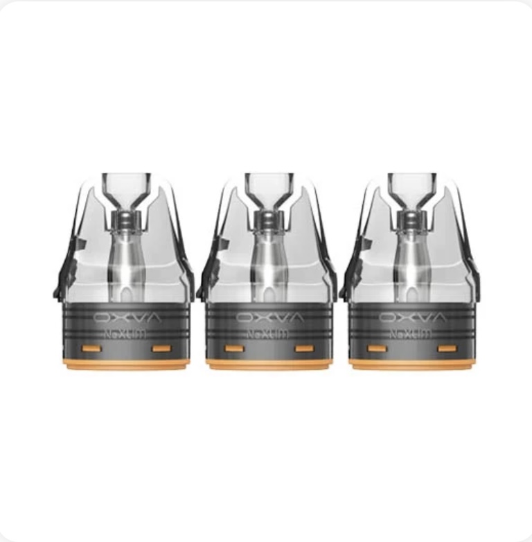 Three transparent vape pod cartridges with orange bases lined up in a row, on a white background.