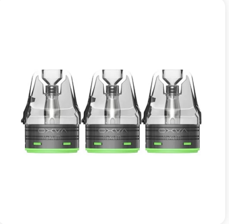 Three vape pod cartridges lined up side by side with clear tops and bright green bases/footers.