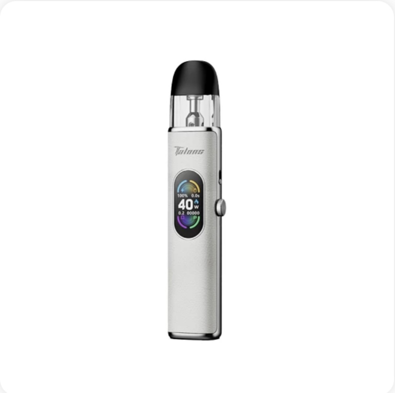Compact pod-style vape with a transparent cartridge, silver body, and a small colorful digital display on the front badge area.