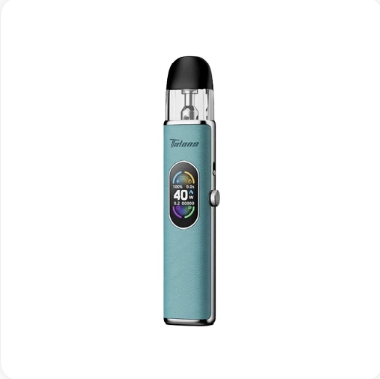Teal pod-style vape device with black mouthpiece and digital display reading 40W, standing upright.