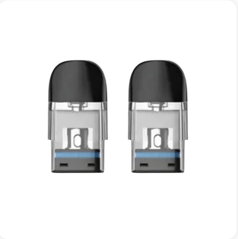 Two transparent vape pod cartridges with black mouthpieces placed side by side on a white background.