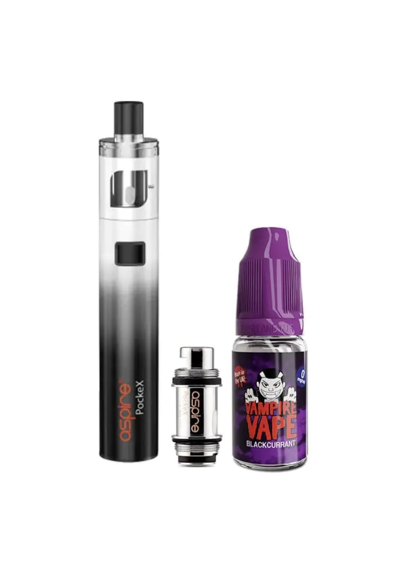 Vape starter kit with a tall black-silver device, spare coil, and Vampire Vape Blackcurrant e-liquid bottle.