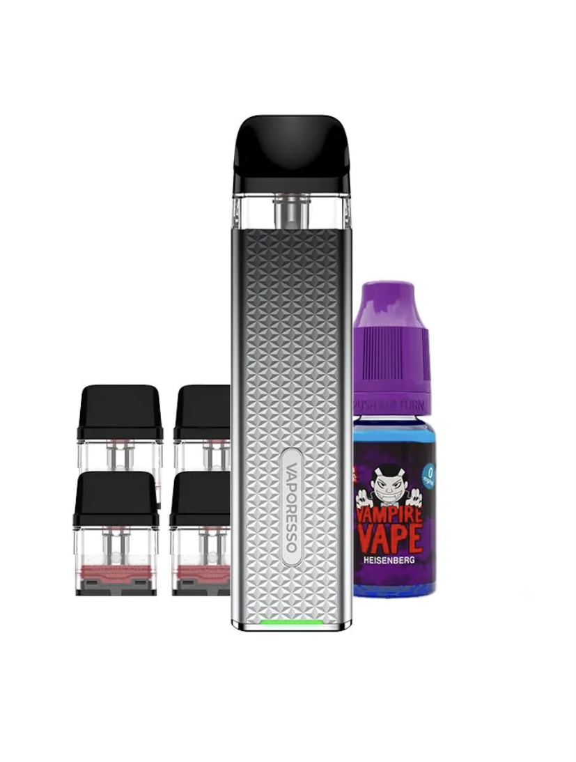Vape kit with a patterned metallic mod, four replaceable pods, and a bottle of Vampire Vape Heisenberg e-liquid.