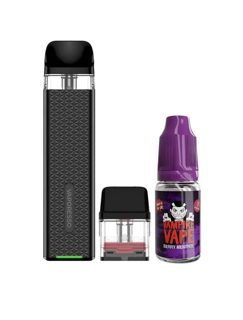 Vape kit with a tall black device, a refillable pod, and a bottle labeled Vampire Vape Berry Menthol.