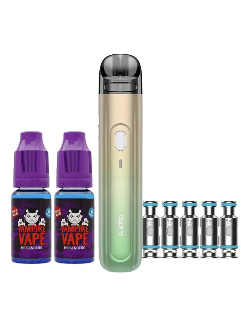 Vape starter kit with a gradient pod device, two purple-labeled e-liquid bottles, and six replacement coils arranged to the right.