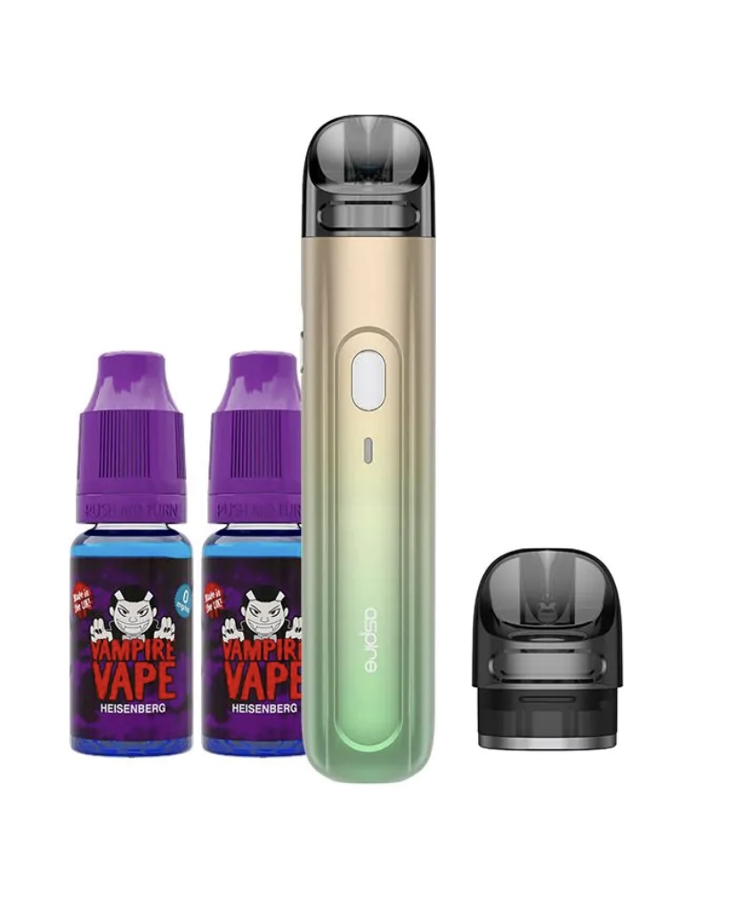 Vape starter kit: pod device with gradient body, two purple-capped Vampire Vape Heisenberg bottles, and a replacement mouthpiece.