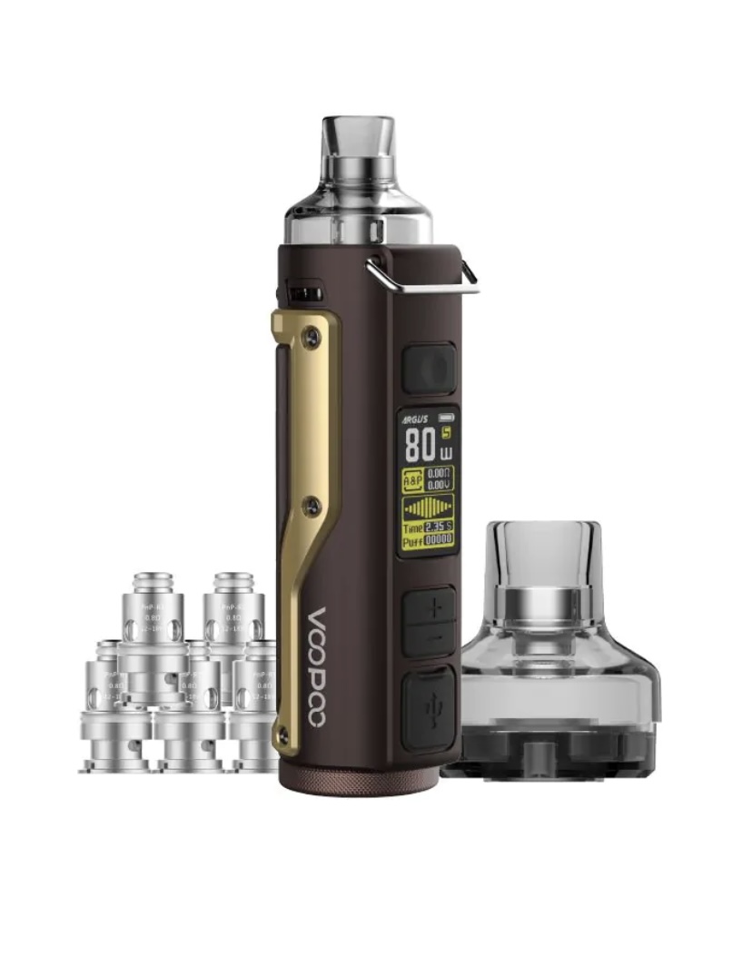 VOOPOO Argus vape mod in brown with gold side plate, digital display, and detachable pod, with spare coils nearby and an extra pod.