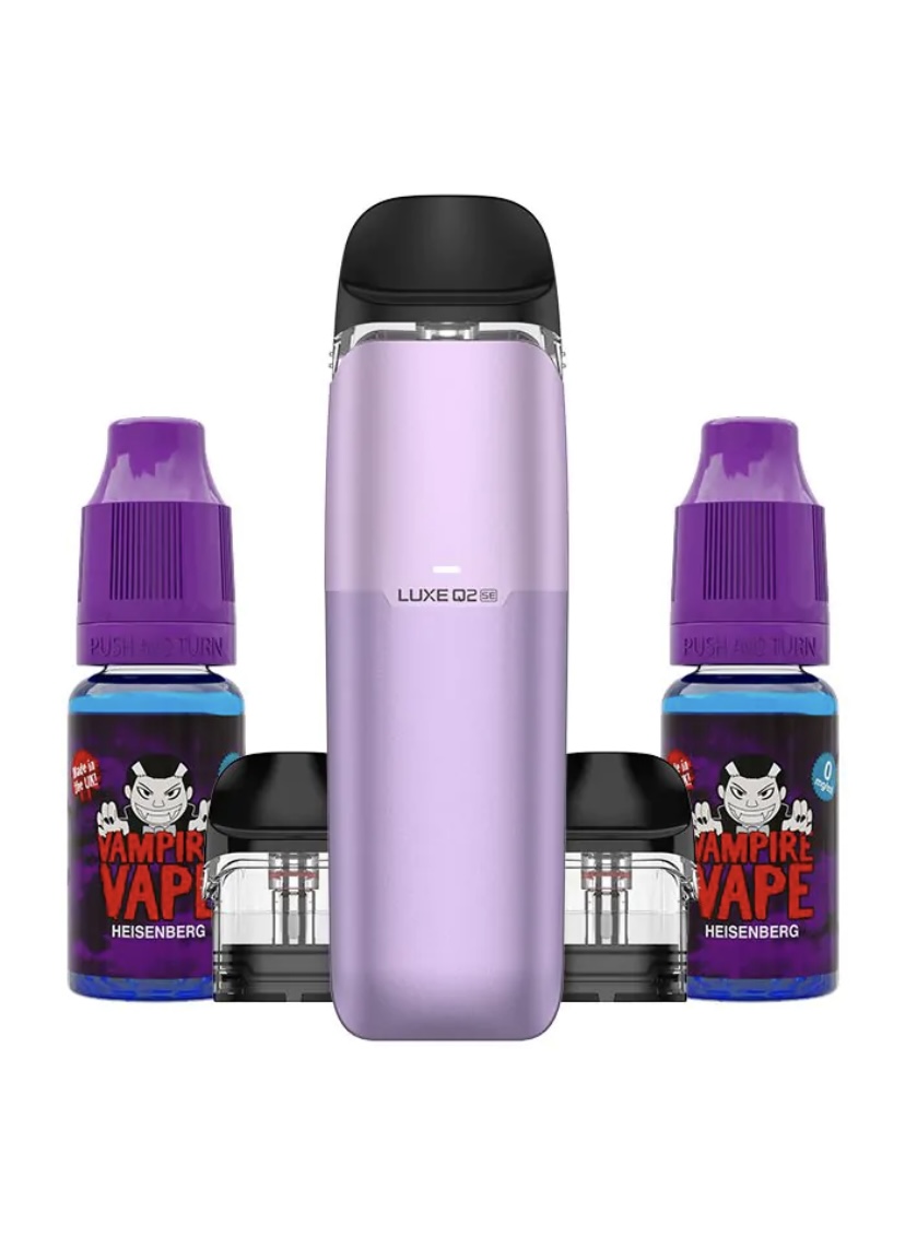 Purple Luxe Q2 vape kit with two Vampire Vape Heisenberg bottles and two pods
