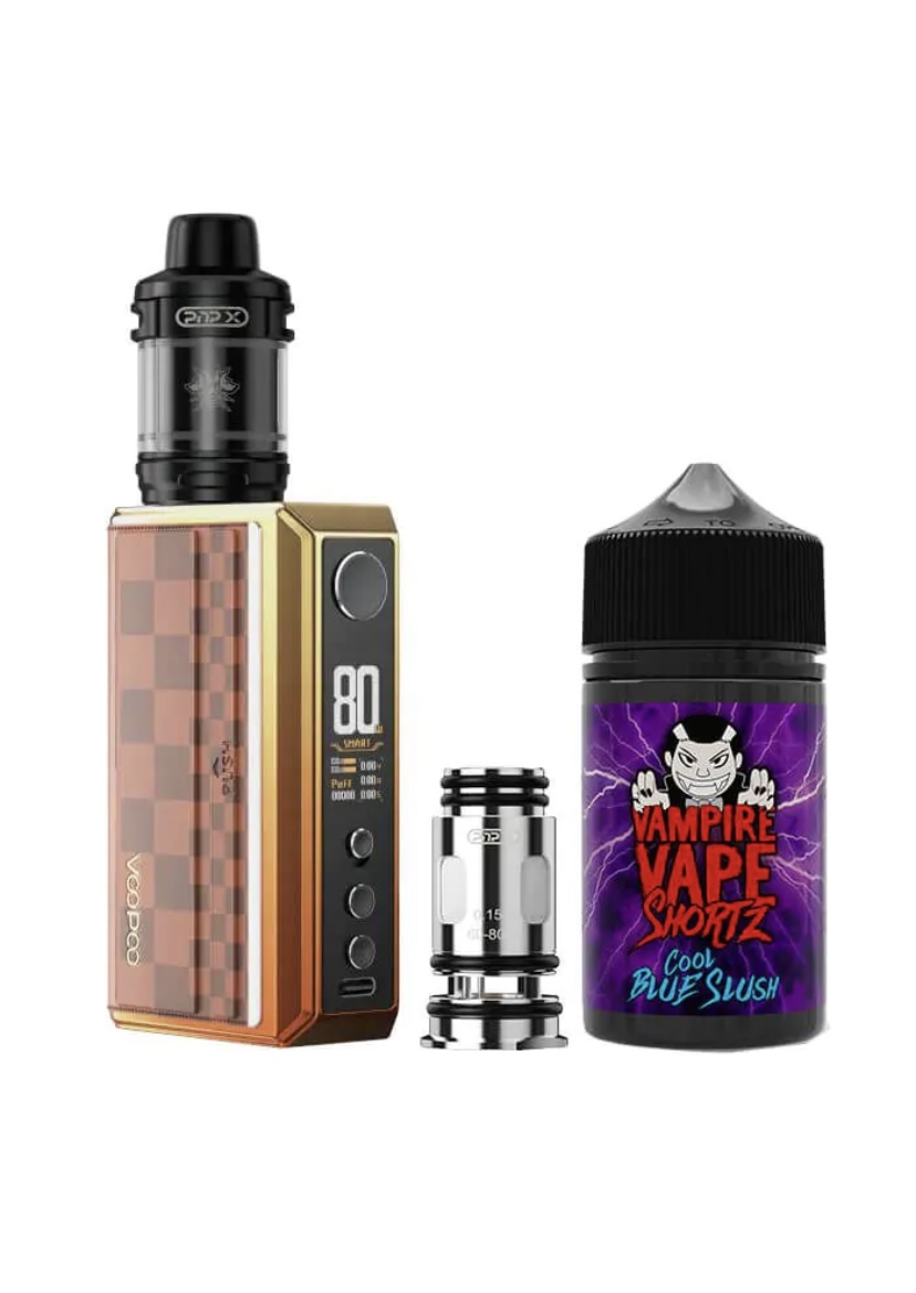 Copper-colored vape mod with a black glass tank, spare coil, and a bottle of Vampire Vape Shotz Cool Blue Slush e-liquid.