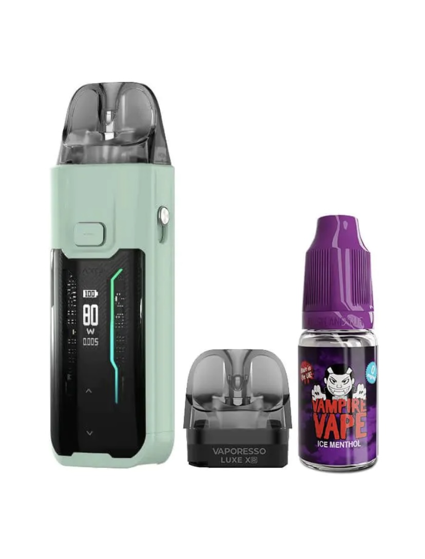 Mint-green Vaporesso pod system with detachable pod and a separate refill bottle labeled Vampire Vape Ice Menthol.