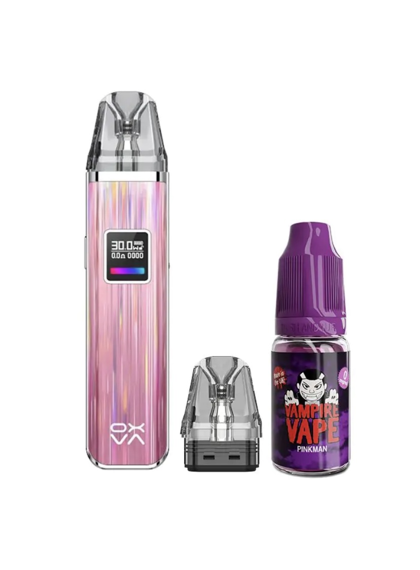 Pink vape pen kit with detachable pod and a bottle of Vampire Vape Pinkman e-liquid next to it