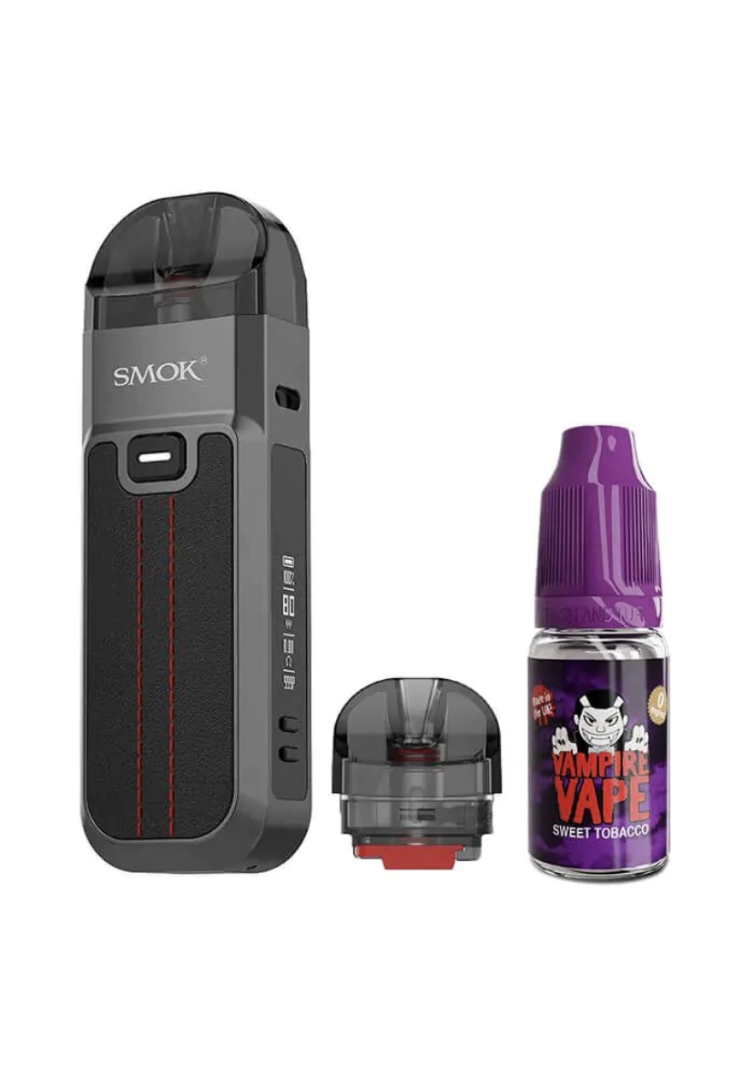 Vape starter kit with a Smok device, replaceable pod, and a Vampire Vape Sweet Tobacco e-liquid bottle
