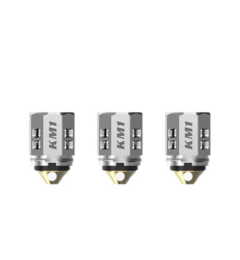 Three KM1 vape coil heads aligned in a row