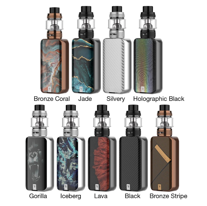 Ten Vape Mods in Assorted Finishes Displayed in Two Rows bronze Coral Jade Silvery Holographic Black Gorilla Iceberg Lava Black Bronze Stripe - Australia E-cigarette Store
