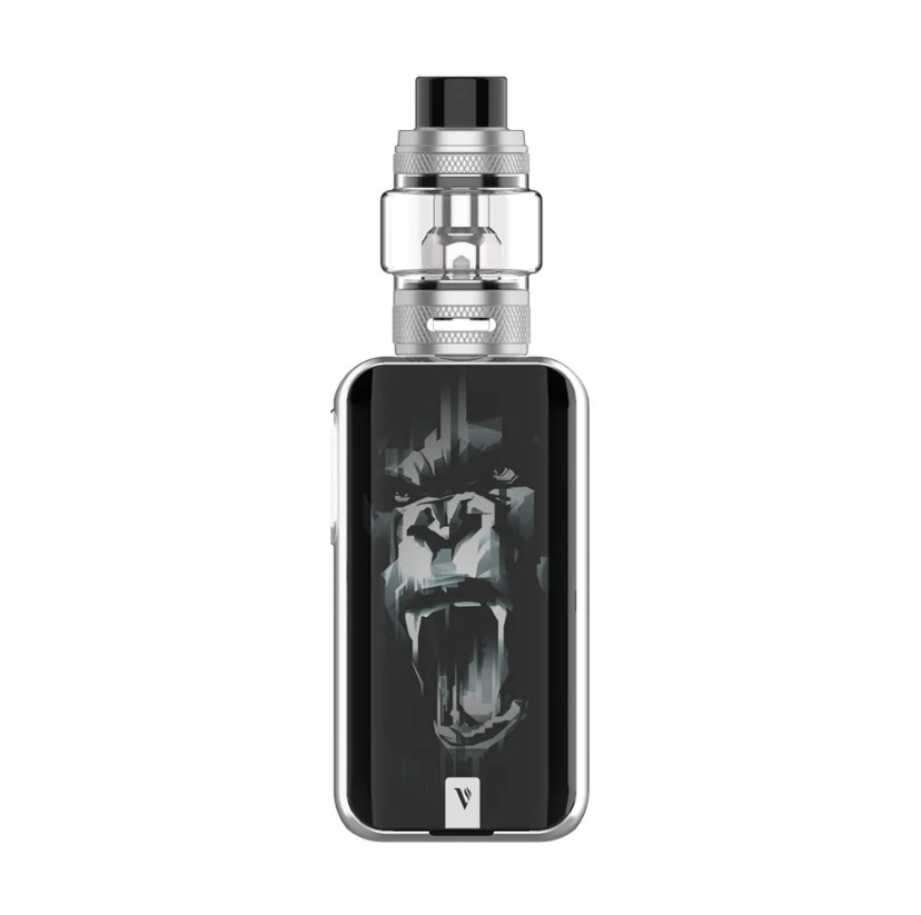 Silver-framed Vape Mod with a Tank on Top and a Dark Screen Showing a Roaring Wolf Graphic - Australia E-cigarette Store