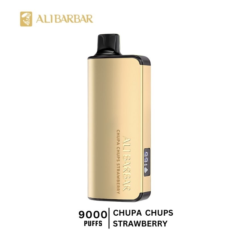 Gold-colored vape device with black mouthpiece, branded ALIBARBAR, labeled Chupa Chups Strawberry (9000 puffs)