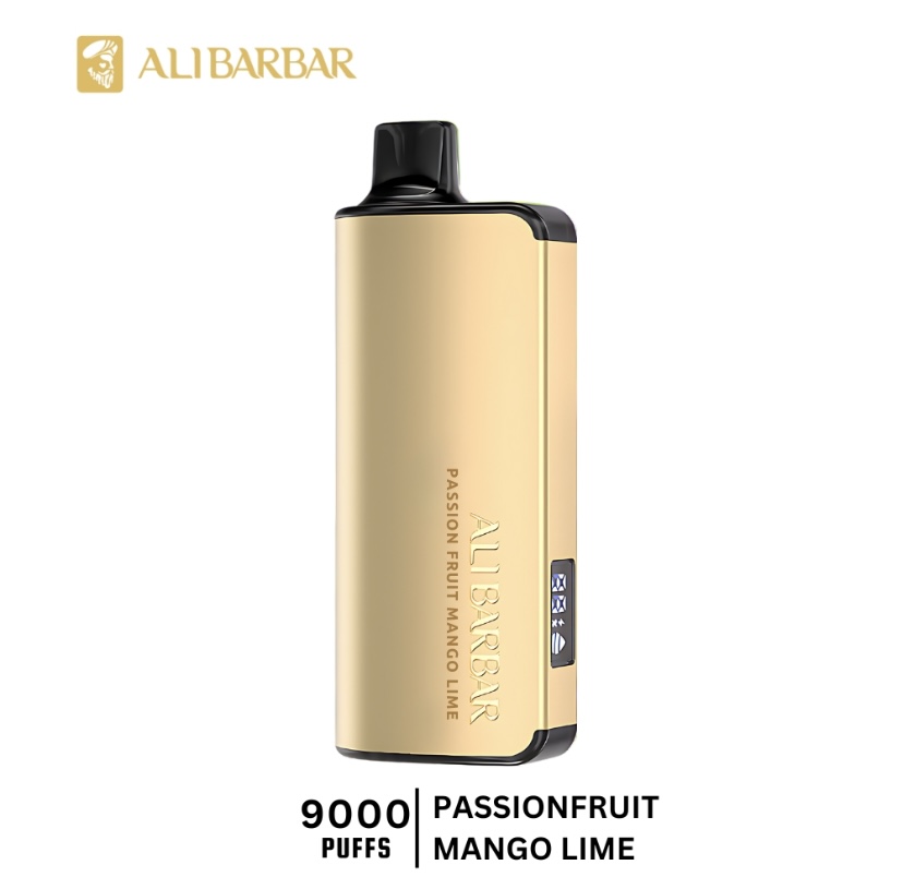 Gold disposable vape device with a black mouthpiece, labeled ALIBARBAR, showing 9000 puffs and flavor Passionfruit Mango Lime.